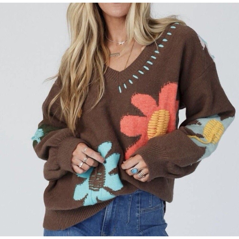 POL Daisy Flower Knitted Sweater Brown Oversized V-Neck Pullover Sz Med